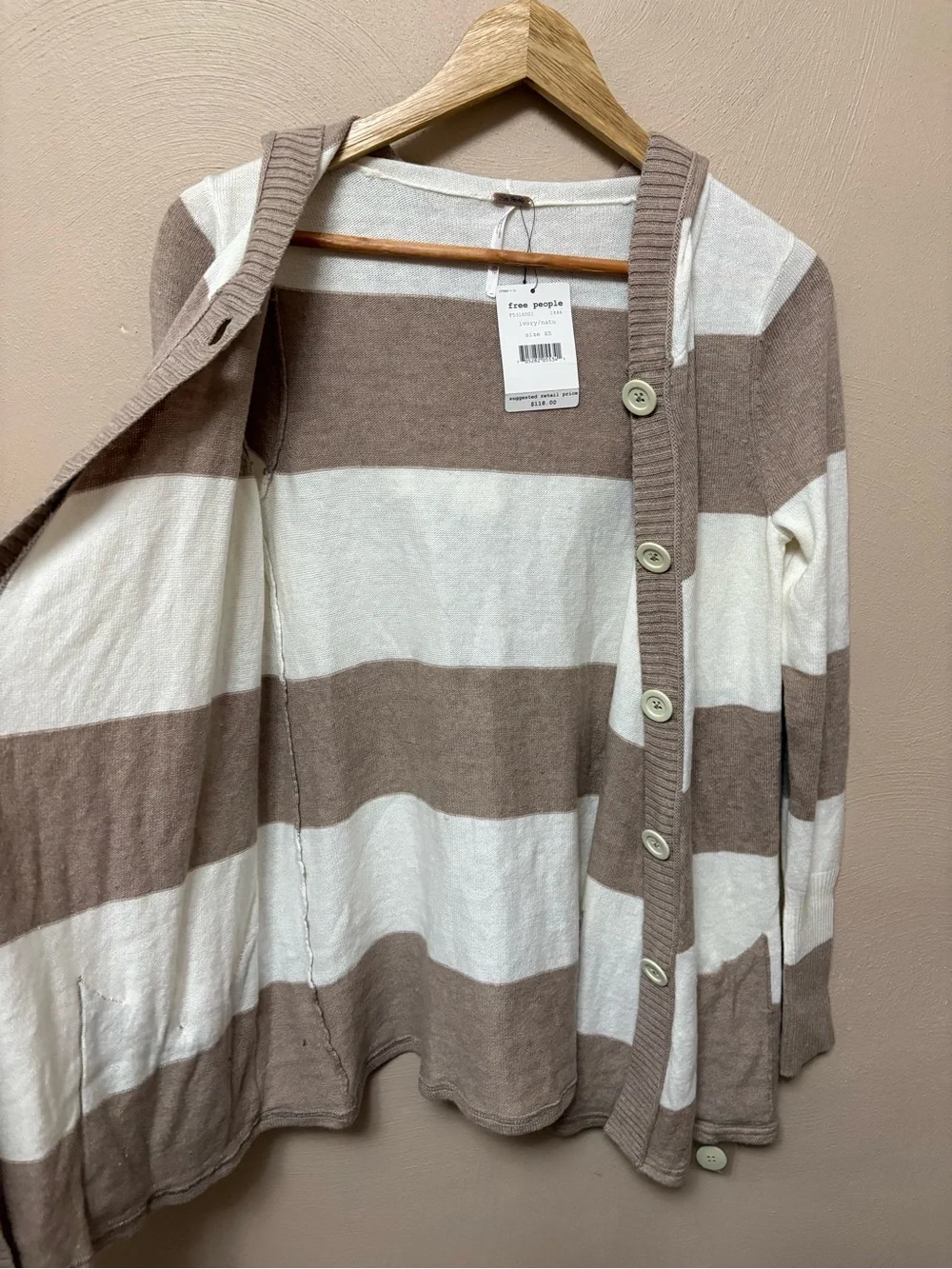 Free People Cream Tan Striped Button Cardigan Size XS NWT New
